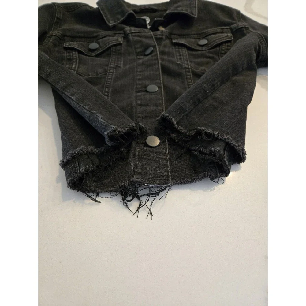 Wonder Nation L 10-12 Cropped Denim Jacket Kids Girls Black Frayed Patch Trucker